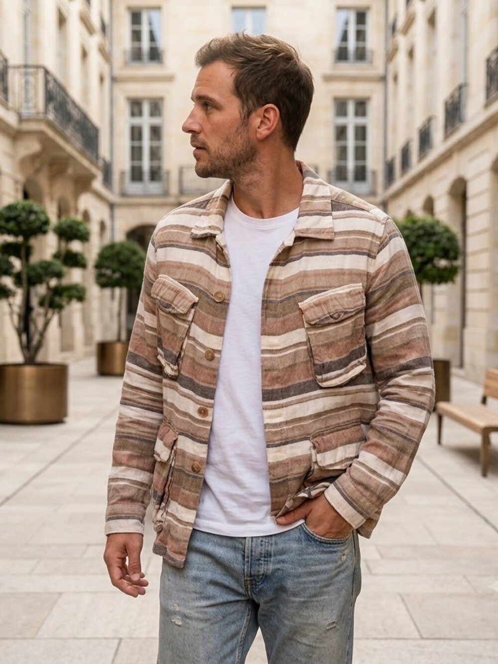 Zara Men 100% Cotton Relaxed Fit Striped Button-Up Shirt Jacket – Size M (Brown/